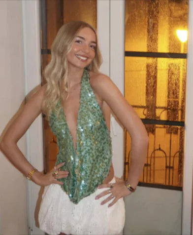 TOP Brilhante Halter Sem Costas – Estilo Socialite com Paetês