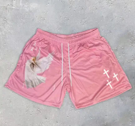 Shorts Fitness Y2K com Estampa Cruz de Anjo Cristão – Estilo e Conforto