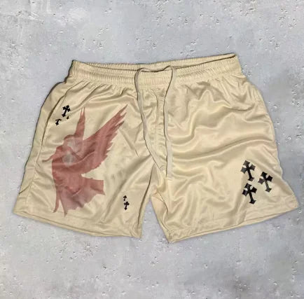 Shorts Fitness Y2K com Estampa Cruz de Anjo Cristão – Estilo e Conforto