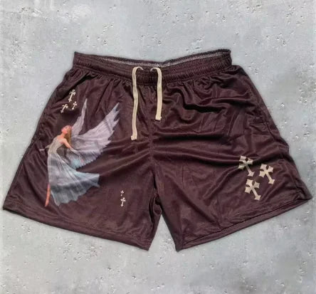 Shorts Fitness Y2K com Estampa Cruz de Anjo Cristão – Estilo e Conforto