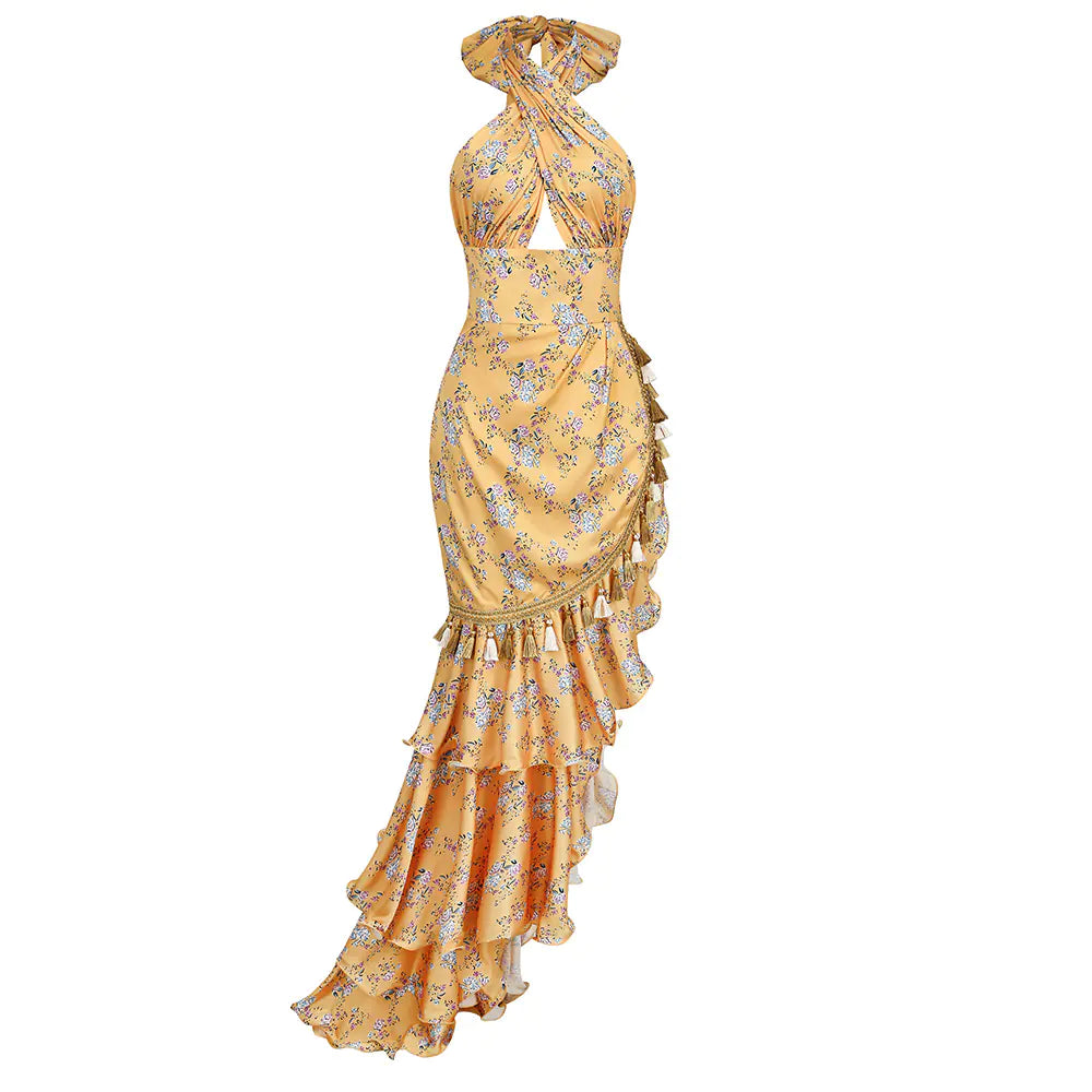 Vestido Longo Halter Floral Sem Costas – Brilho Natural