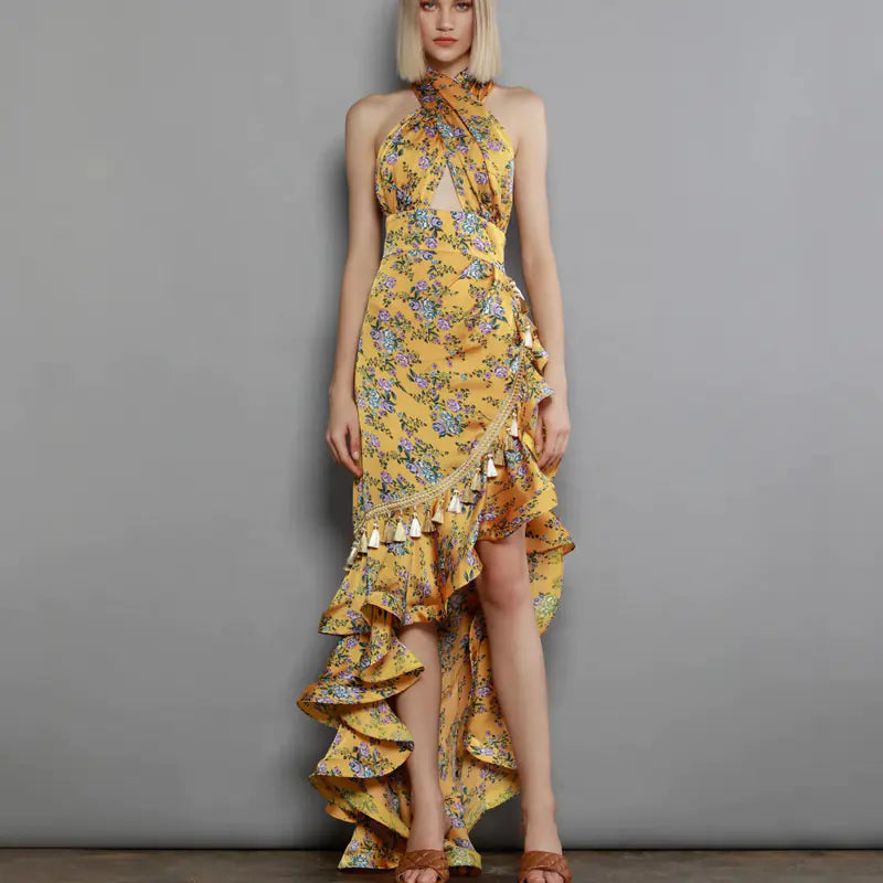 Vestido Longo Halter Floral Sem Costas – Brilho Natural