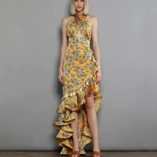 Vestido Longo Halter Floral Sem Costas – Brilho Natural