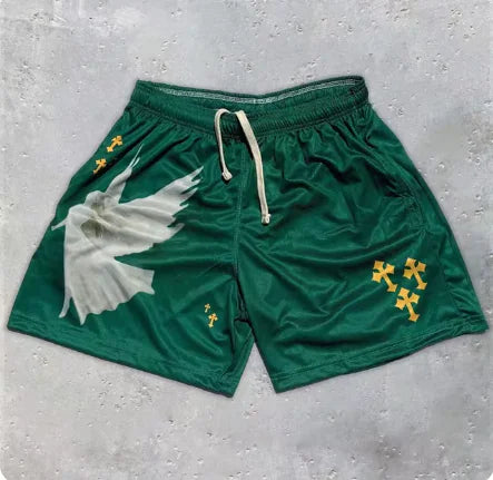 Shorts Fitness Y2K com Estampa Cruz de Anjo Cristão – Estilo e Conforto