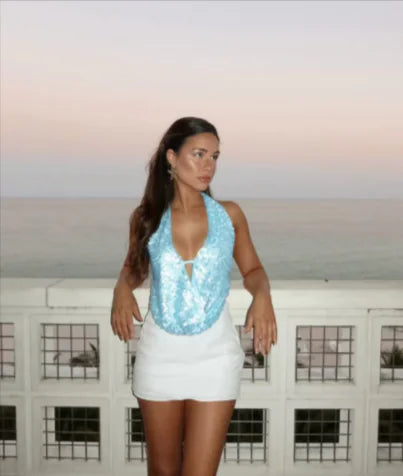 TOP Brilhante Halter Sem Costas – Estilo Socialite com Paetês