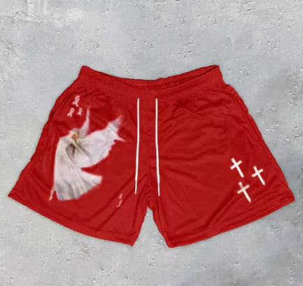 Shorts Fitness Y2K com Estampa Cruz de Anjo Cristão – Estilo e Conforto